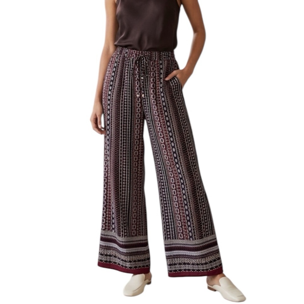 Love Wish Burgundy Bohemian Patterned Wide-Leg Palazoo Pants Large